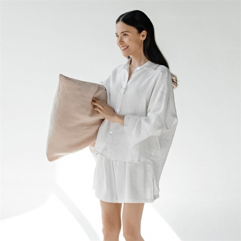 Cotton Linen Women's Seven-Quarter Sleeve Top and Shorts Pajama Set