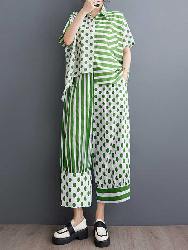 Half Sleeves High-Low Asymmetric Contrast Color Polka-Dot Split-Side Striped Lapel Blouses Top + Pants Bottom Two Pieces Set