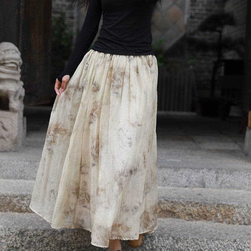 Vintage Tie-Dye Plant Ink Printed Maxi Skirt