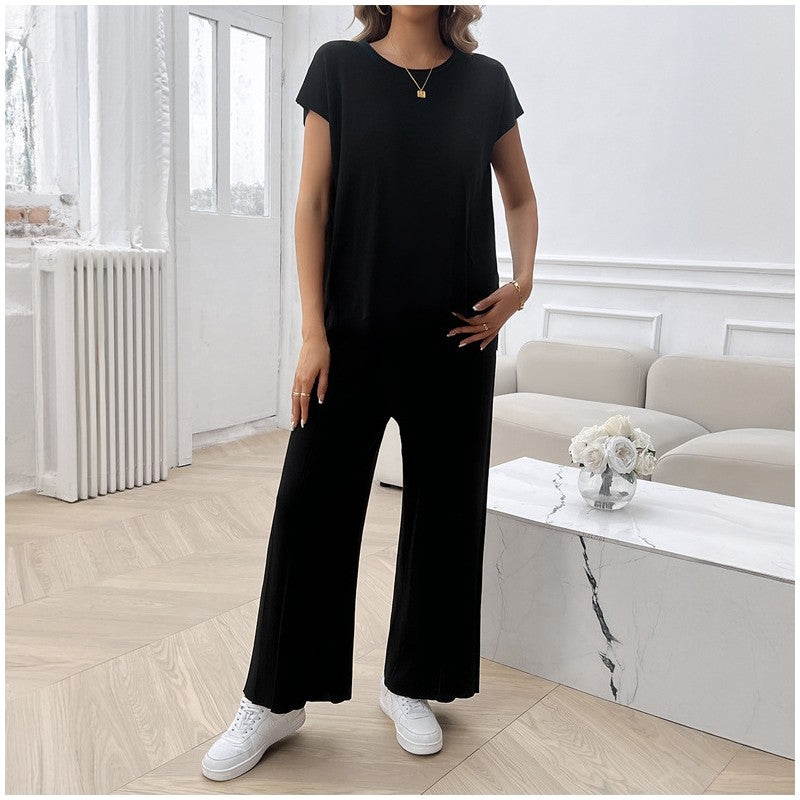 Solid Color Casual Knit Short Sleeve Sweater and Trouser Set