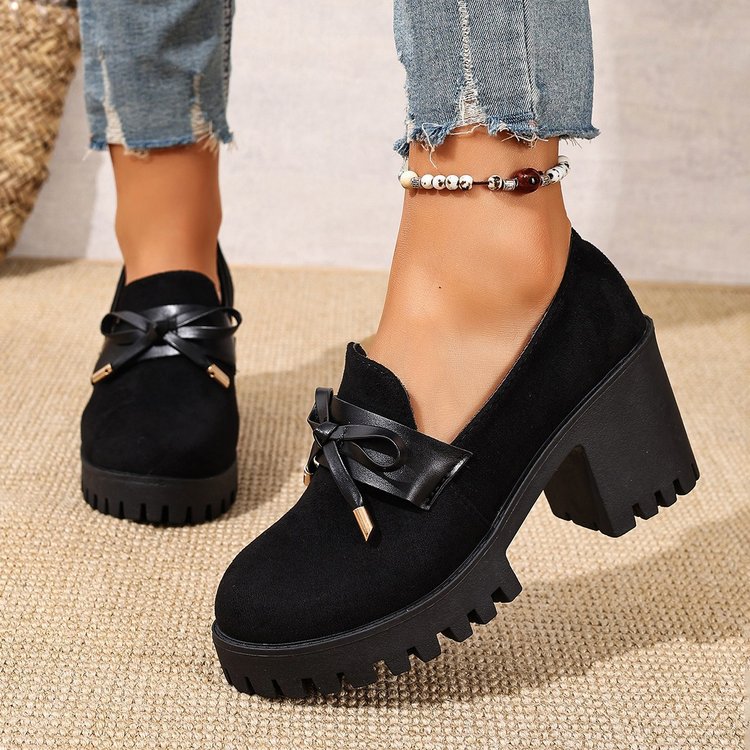 Women's French Loafer Suede Slip-on Shoes - Chunky Heel Pumps with Striped Design