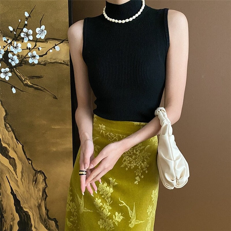 Velvet Half Skirt with Floral and Bird Embroidery