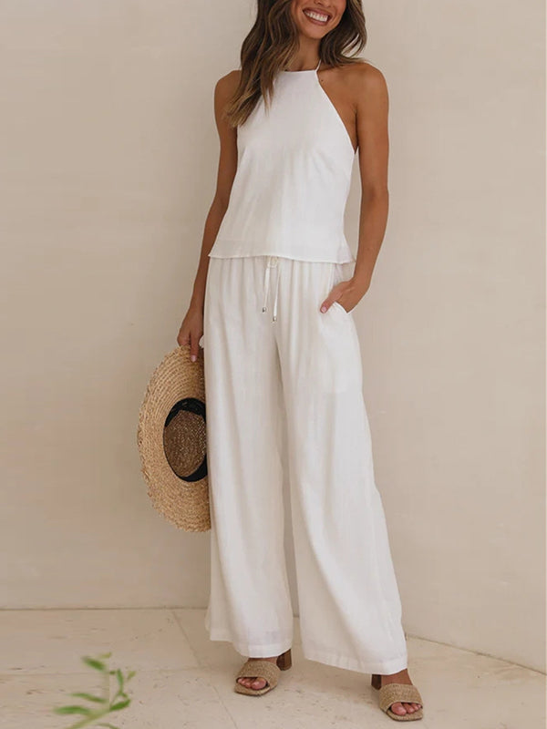 High Waisted Loose Drawstring Elasticity Solid Color Split-Joint Pants Trousers