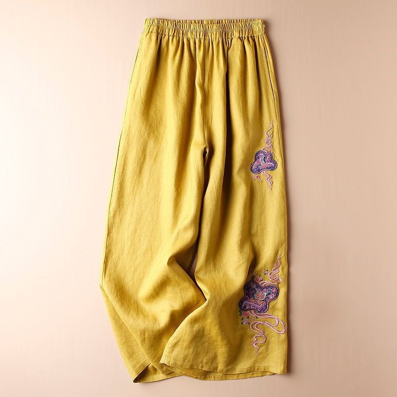 Embroidered Wide-Leg Linen Blend Cropped Pants