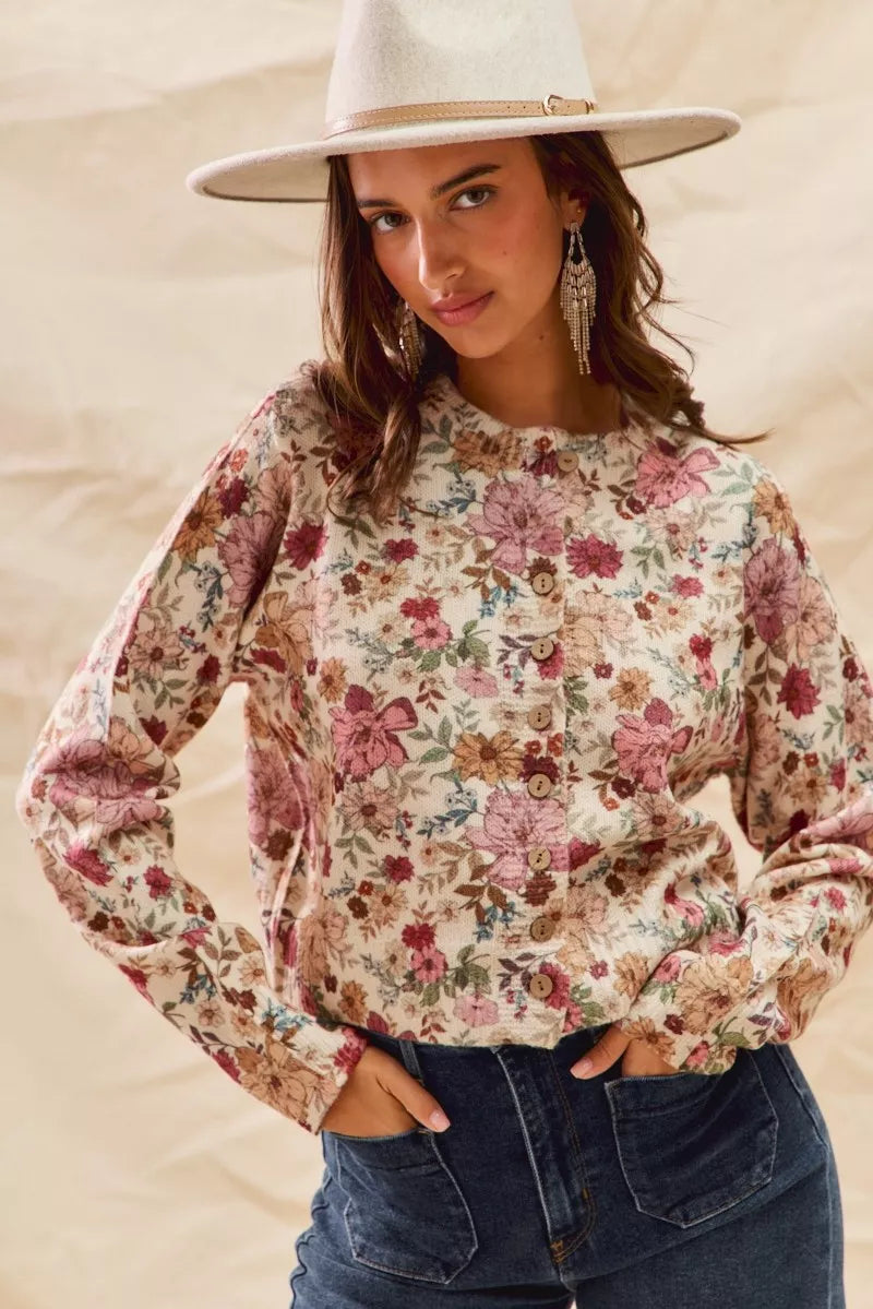 Floral Print Button Front Sweater Cardigan
