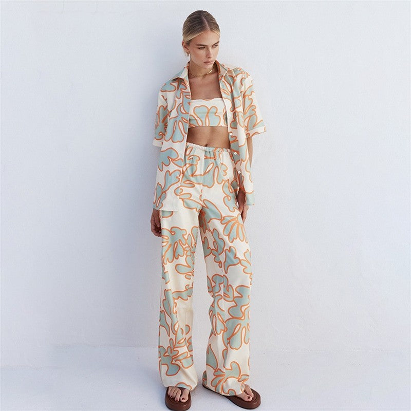 Printed Vest and Open Cardigan Lounge Wear Set with Long Pants