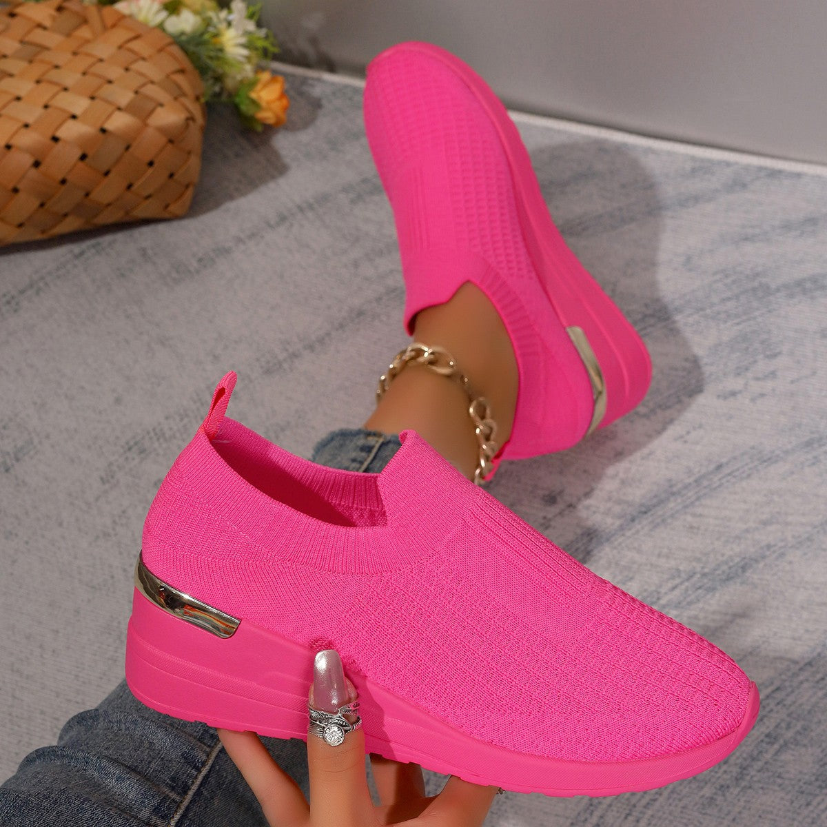 Women's Flyknit Mesh Breathable Wedge Sneakers | Slip-On Platform Casual Shoes