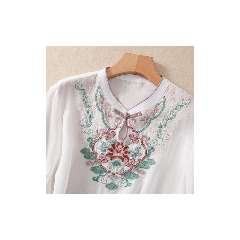 Embroidered Buttonholes Loose Fit Short Sleeve Shirt