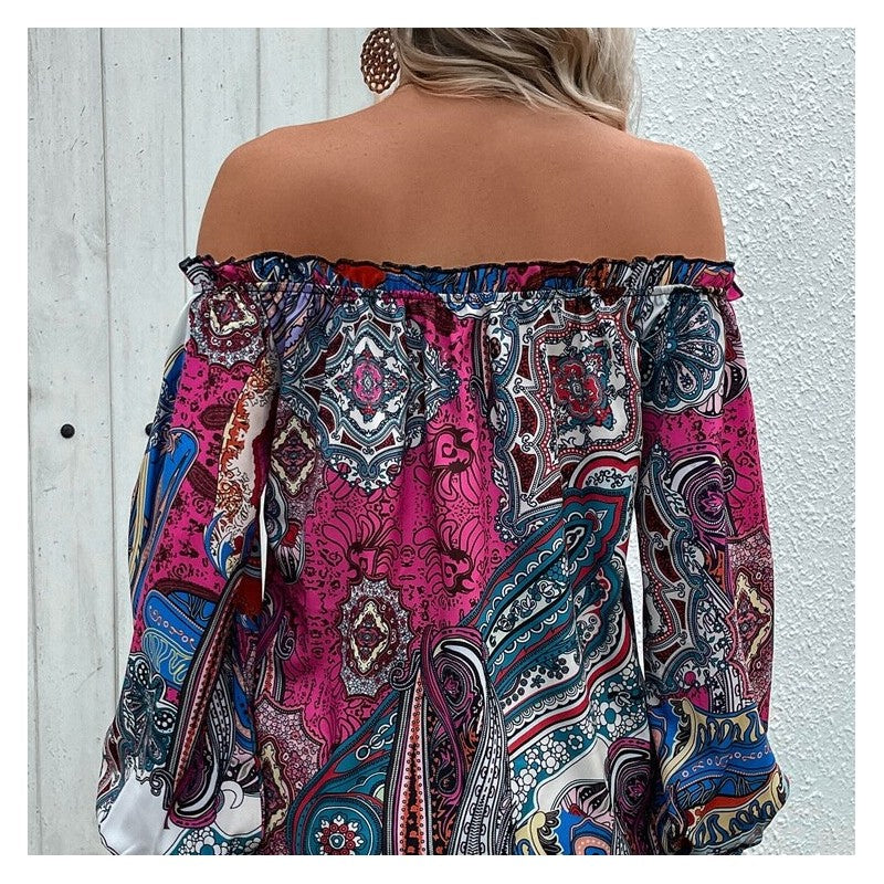 Stamped Literary Style Collar Top with Lotus Leaf Trim