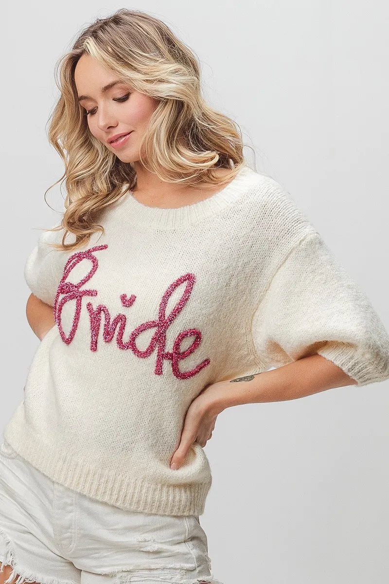 Metallic Letter Short Puff Sleeve Hairy Sweater