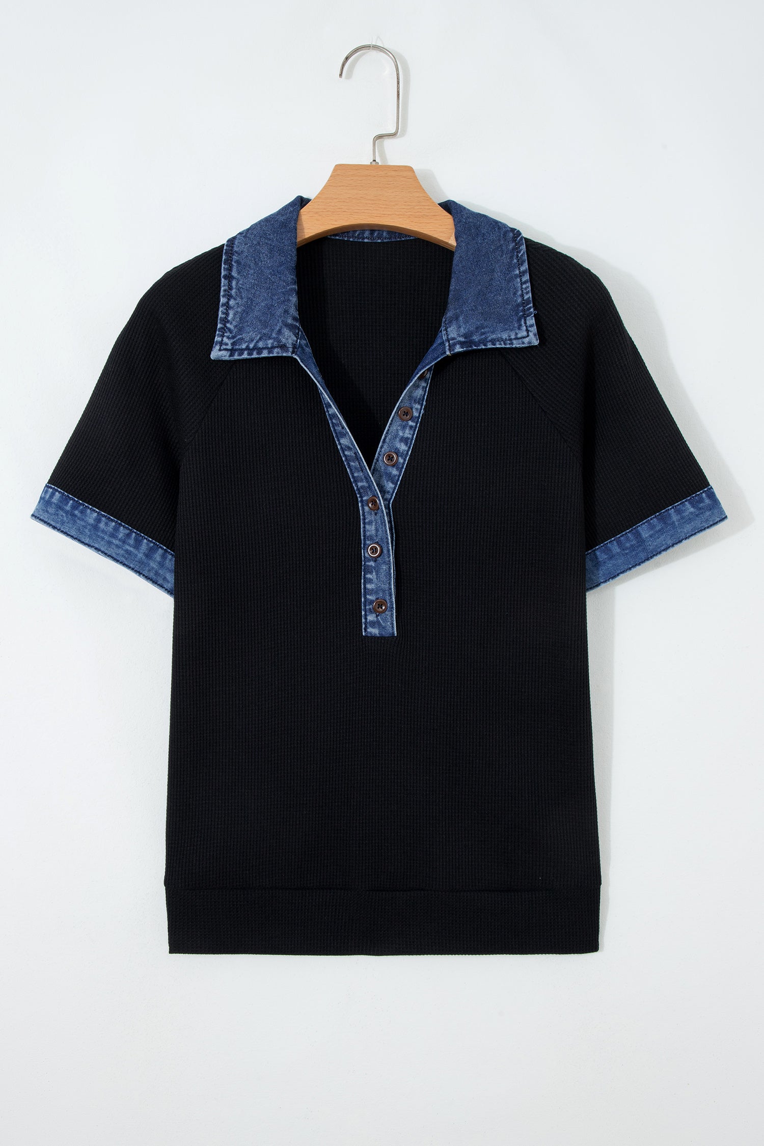 Black Waffle Knit Denim Contrast Trim Patchwork Button Collar Top