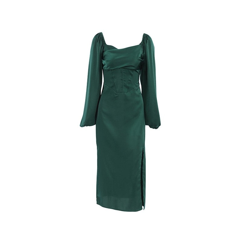 Solid Color Long Sleeve Square Neck High Waisted Side Slit Back Bandage Dress

Enhanced Version: "Square Neck Long