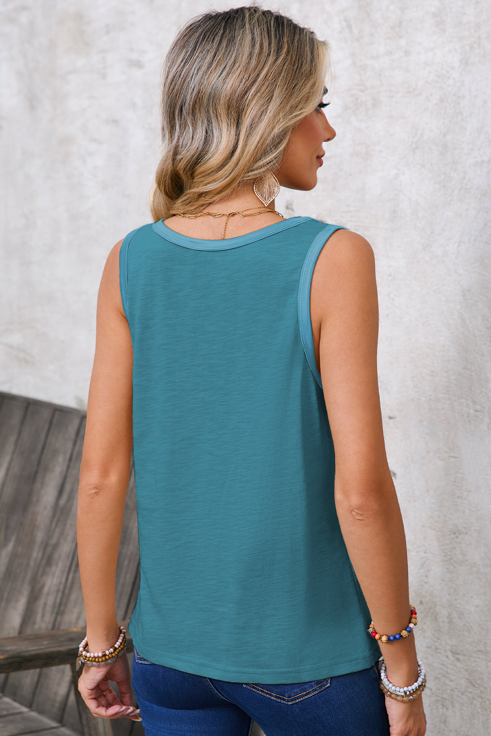 Peacock Blue Contrast Trim Round Neck Tank Top