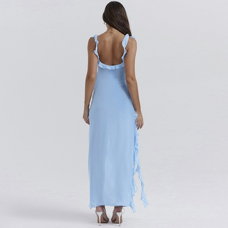 High Slit Ribbon Strap Solid Color Dress