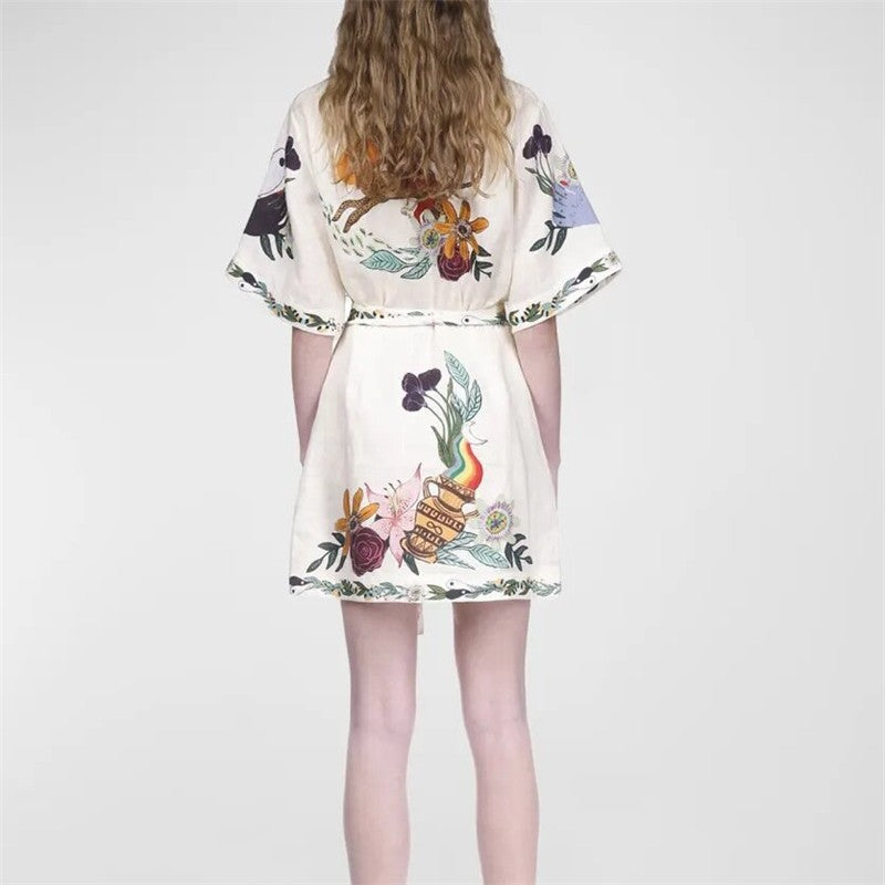Floral Print Short Sleeve Dress with Ribbon Accent