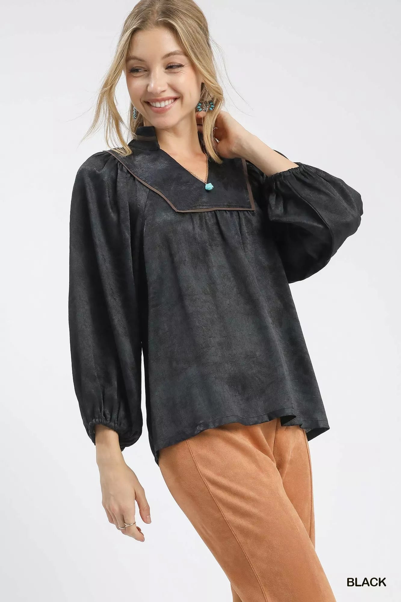 Crinkle Brocade Long Sleeve Blouse