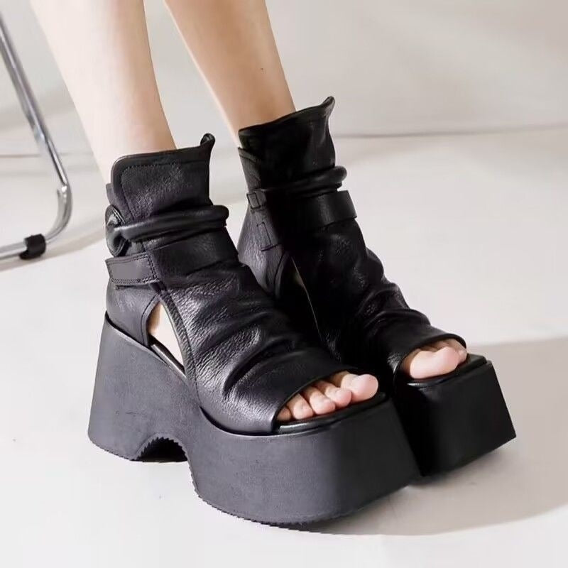 Women's Retro Platform Round Toe High Top Sandals - Korean Style Open Toe Summer Shoes
