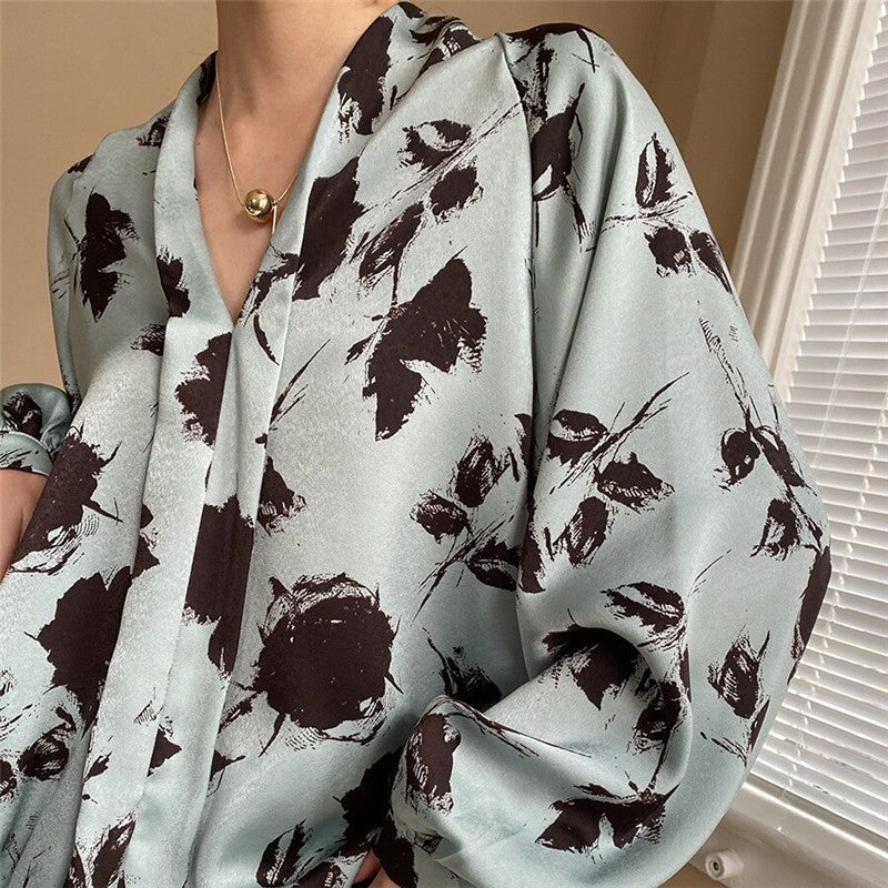 Vibrant Ink Lantern Sleeve Satin V-Neck Shirt