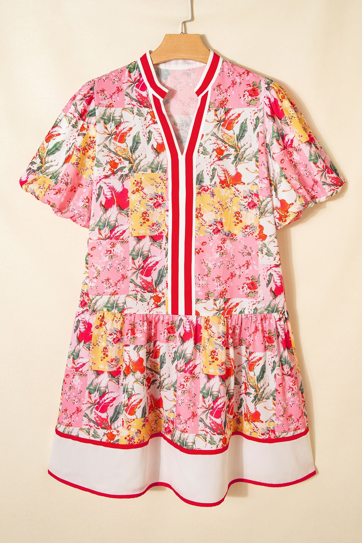 Pink Color Block Floral Print Contrast Trim V Neck Ruffle Hem Mini Dress