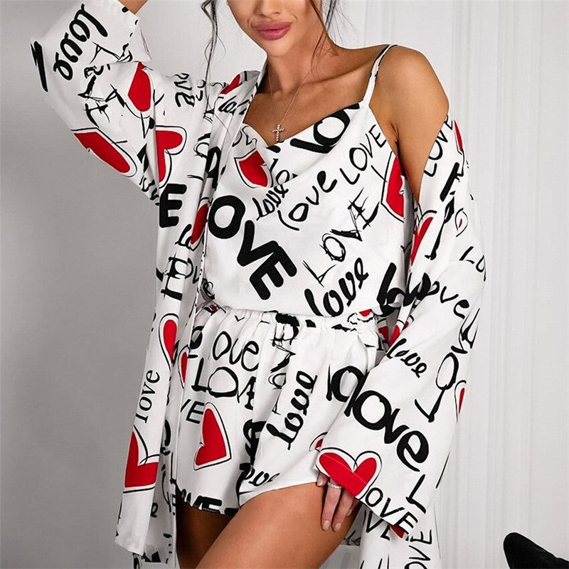 Floral Print Three-Piece Sleepwear Set with Camisole and Shorts