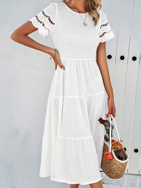 A-Line Loose Elasticity Hollow Solid Color Split-Joint Round-Neck Midi Dresses