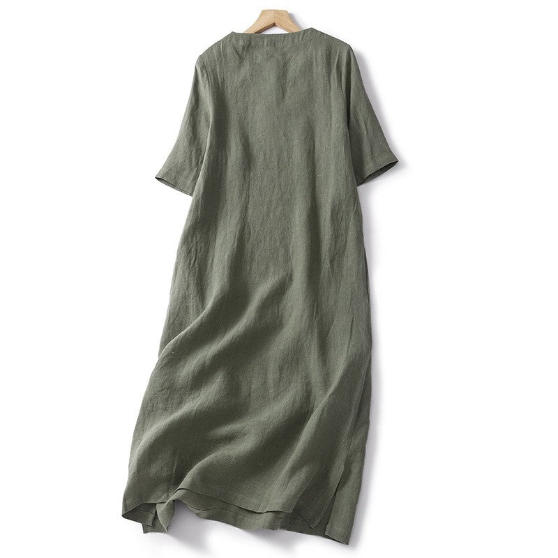 Solid Color Crewneck Short Sleeve Retro Dress
