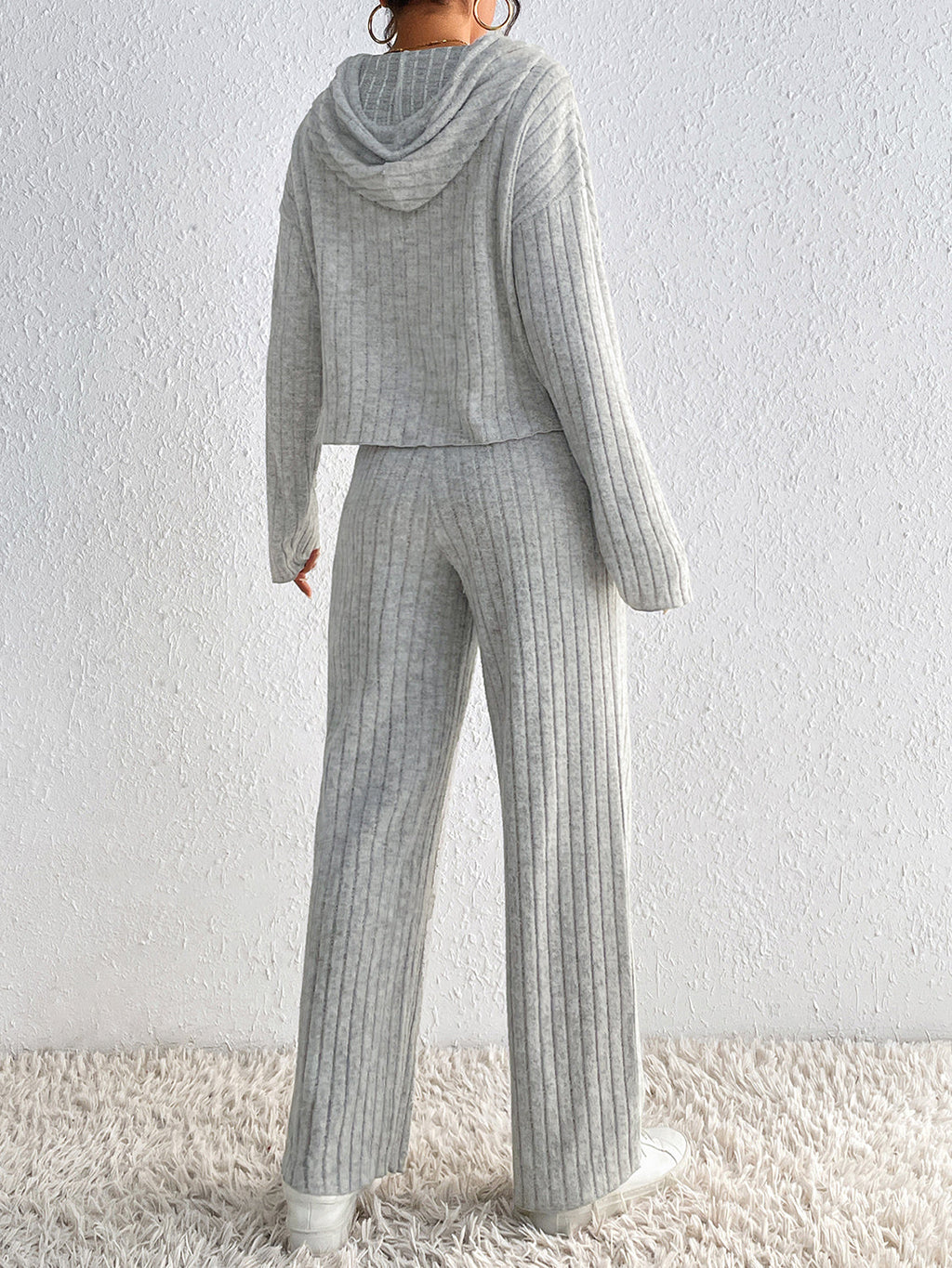 Honey Drawstring Ribbed Hoodie and Straight Leg Pants Set