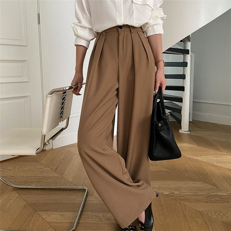 Wide-Leg Floor-Length Suit Trousers in Loose Solid Color