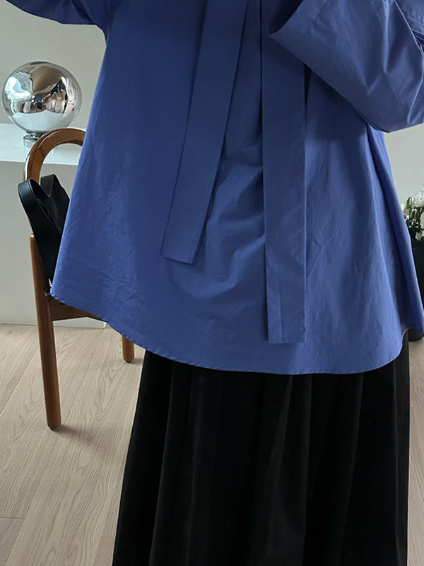 Long Sleeves Loose Solid Color Split-Joint Streamer High Neck Blouses