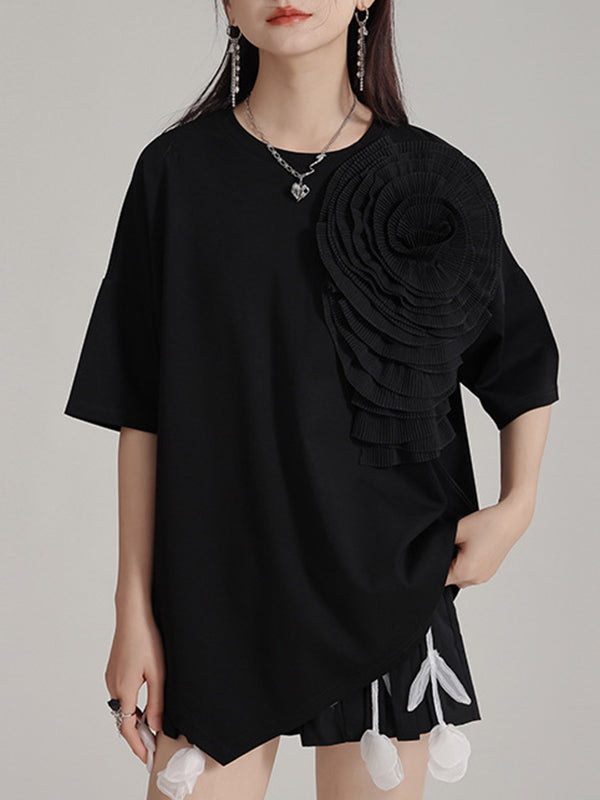 Loose Short Sleeves Asymmetric Solid Color Three-Dimensional Flower Round-Neck T-Shirts Tops
