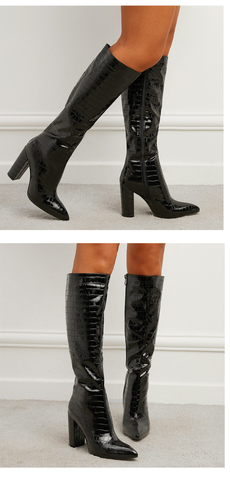 Women's Crocodile-Print Chunky High Heel Knight Boots – Side Zipper, Pointed Toe