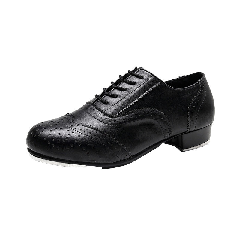 Men's Tap Dance Shoes - Black & White Cowhide Leather Lace-Up Oxford Style
