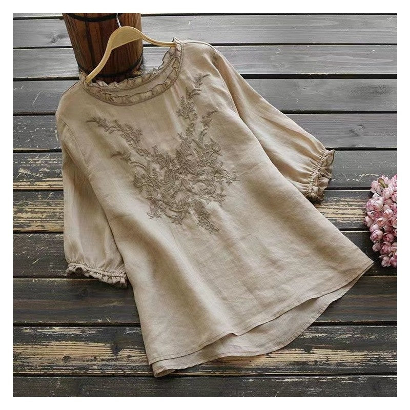 Linen and Cotton Embroidered Short-Sleeve Blouse