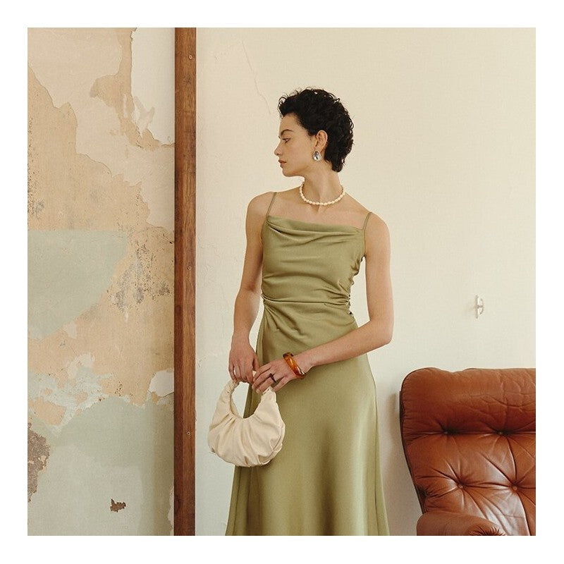 Solid Color Satin Waistband Sling Dress with Figure-Flattering Silhouette