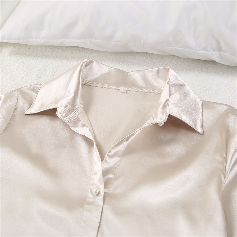 Solid Color Satin Long Sleeve Lapel Single Breasted Blouse and Shorts Set