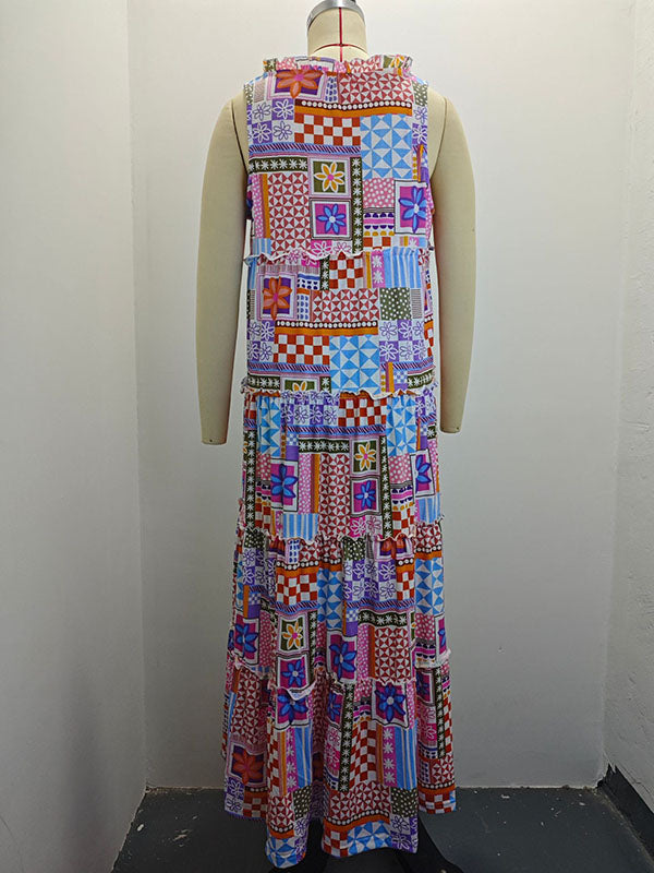 Loose Sleeveless Contrast Color Flower Print Plaid Printed Round-Neck Maxi Dresses