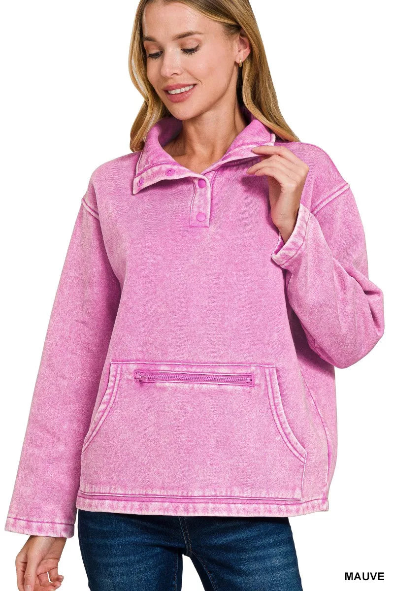 Fleece Washed High Neck Kangaroo Pocket Sweatshirt