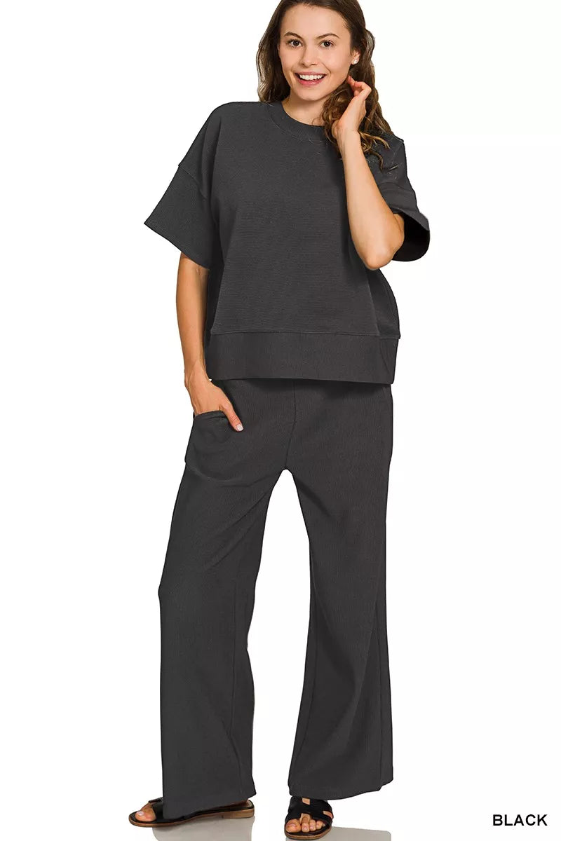 Ribbed Round Neck Tee & Pants Set