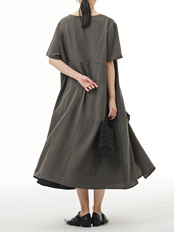 Irregular Clipping Loose Solid Color Round-Neck Midi Dresses