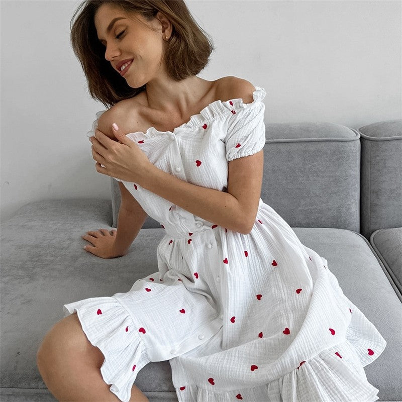 Heart Print One-Shoulder Nightgown with Ruffle Hem