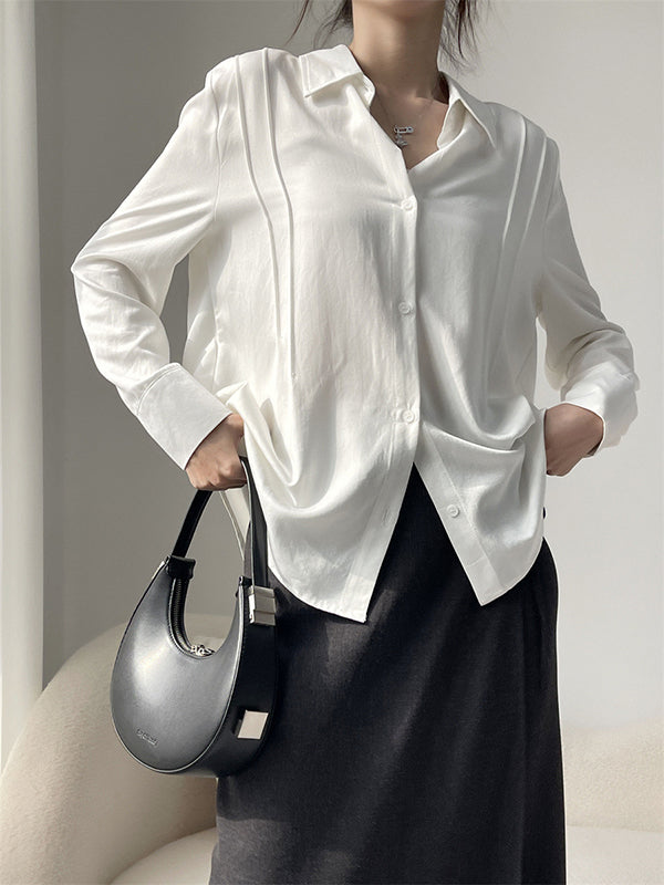 Long Sleeves Loose Pleated Split-Joint Lapel Blouses&Shirts Tops