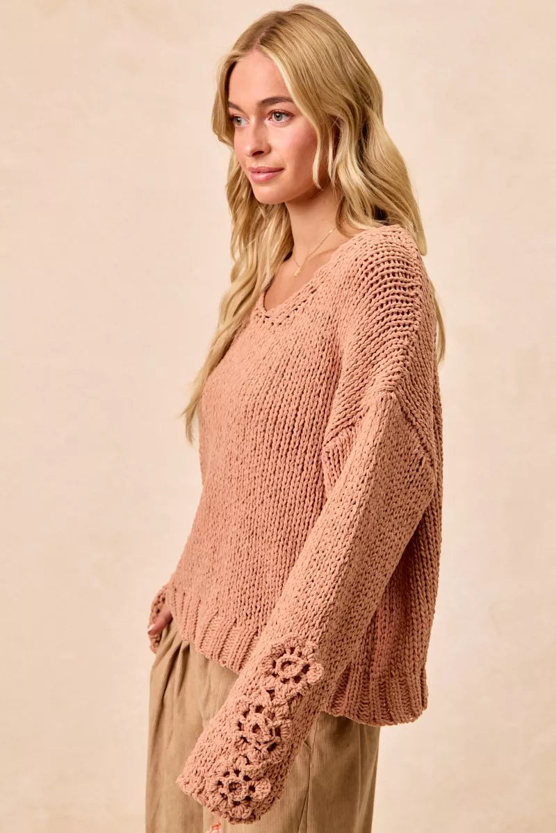 Chunky Knit Sweater with Flower Detail Sleeves