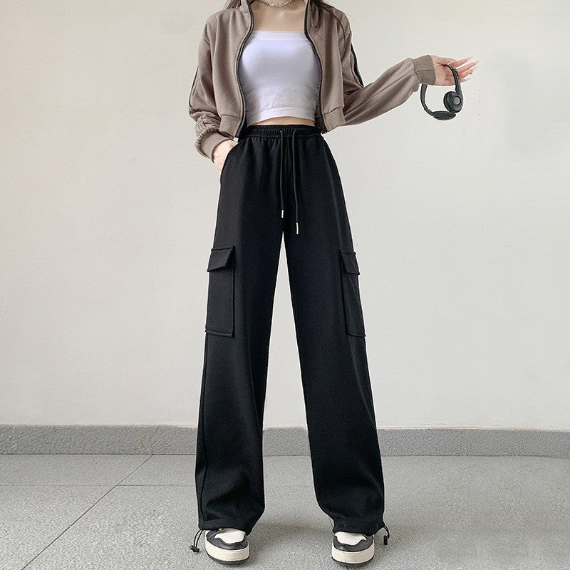 Casual Loose Fit Solid Color Cargo Pants with Elastic Waistband