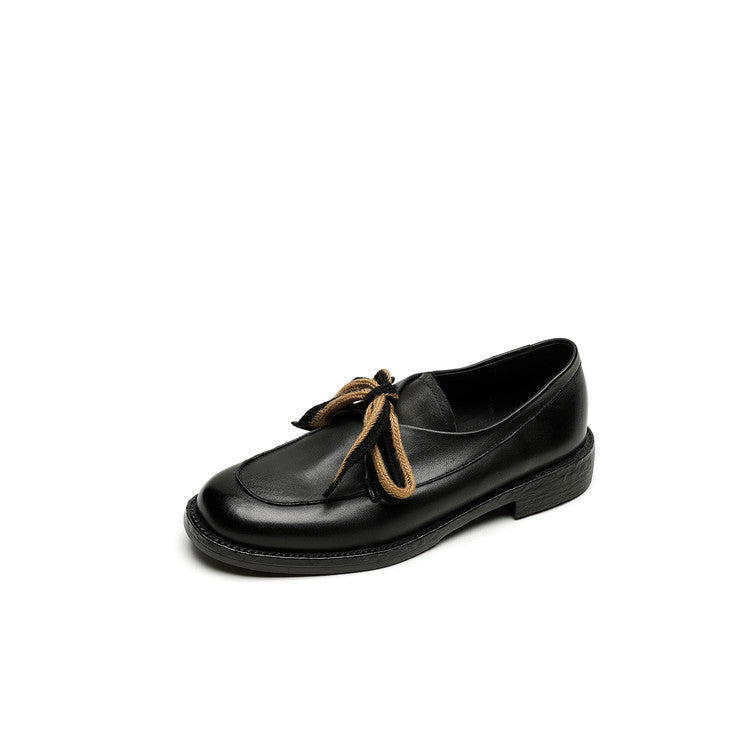 Women's Leather Bow Pumps | Retro Round Toe Chunky Low Heel Loafer Shoes