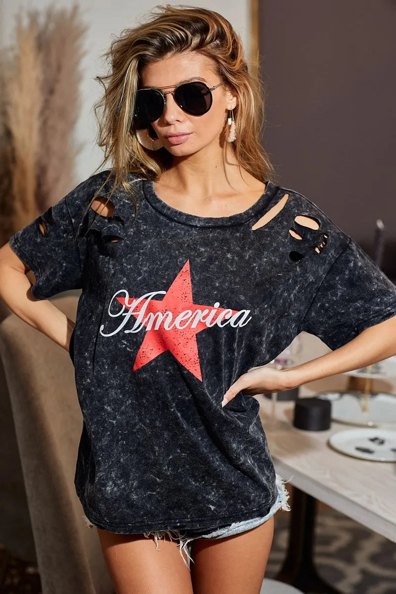 Laser Cut Mineral Washed Jersey Top with America