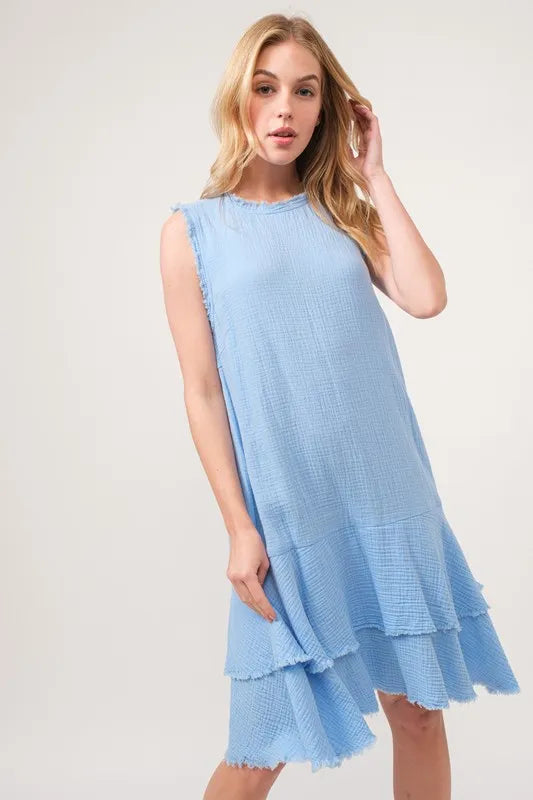 Washed Fringe Detail Tiered Dress