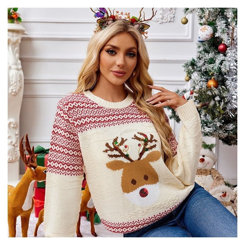 Deer Pattern Sequin Embroidered Christmas Sweater