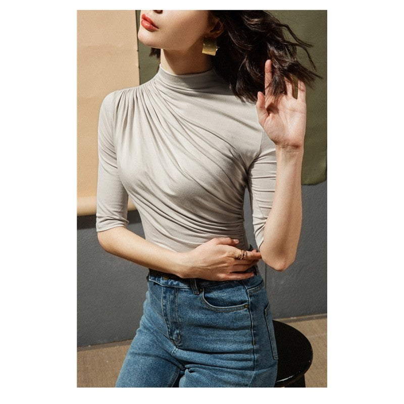 Solid Color Half Turtleneck Half Sleeve Pleats Tshirts