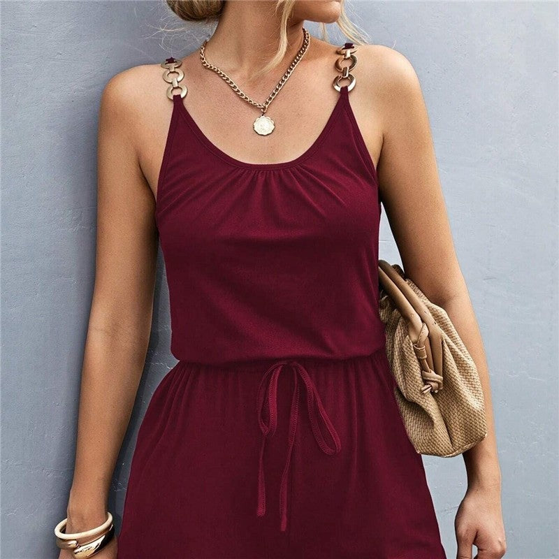 Pleated Splice Jumpsuit Shorts with Metal Strap Accent