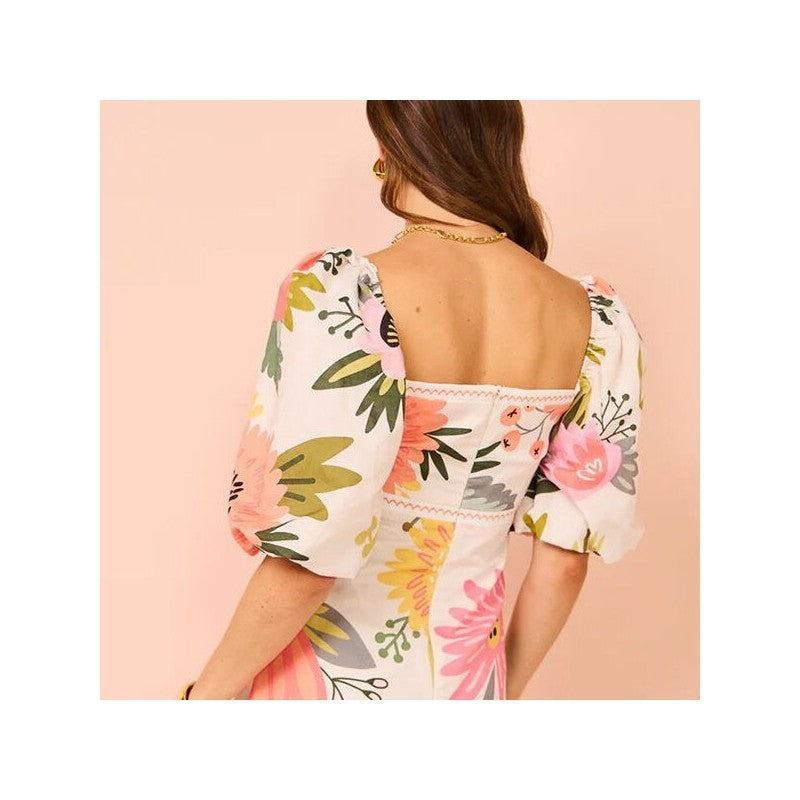 Flowy Printed Lantern Sleeve Swing Dress